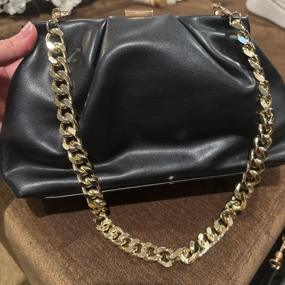 Madison West Black Clutch with Gold Chain